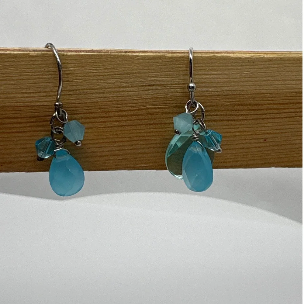 Teardrop Dangle Earrings Blue Faceted‎ Beads Silver Tone Women's Jewelry